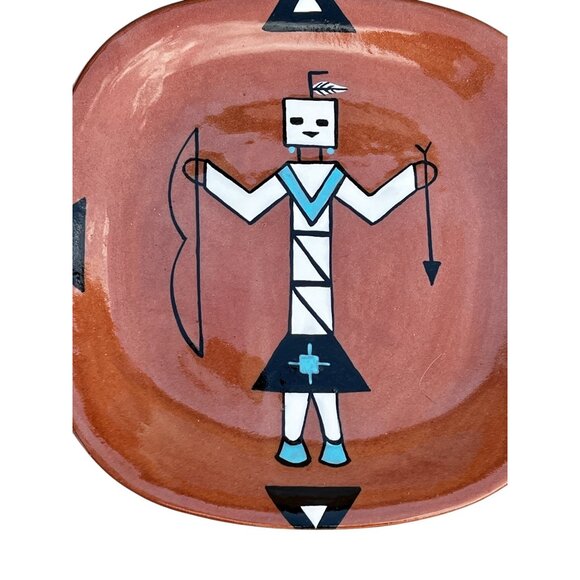 Native American Signed T. Hughes Ceramic Plate W/ Kachina Design  7 3/8" Dia. - Picture 2 of 6